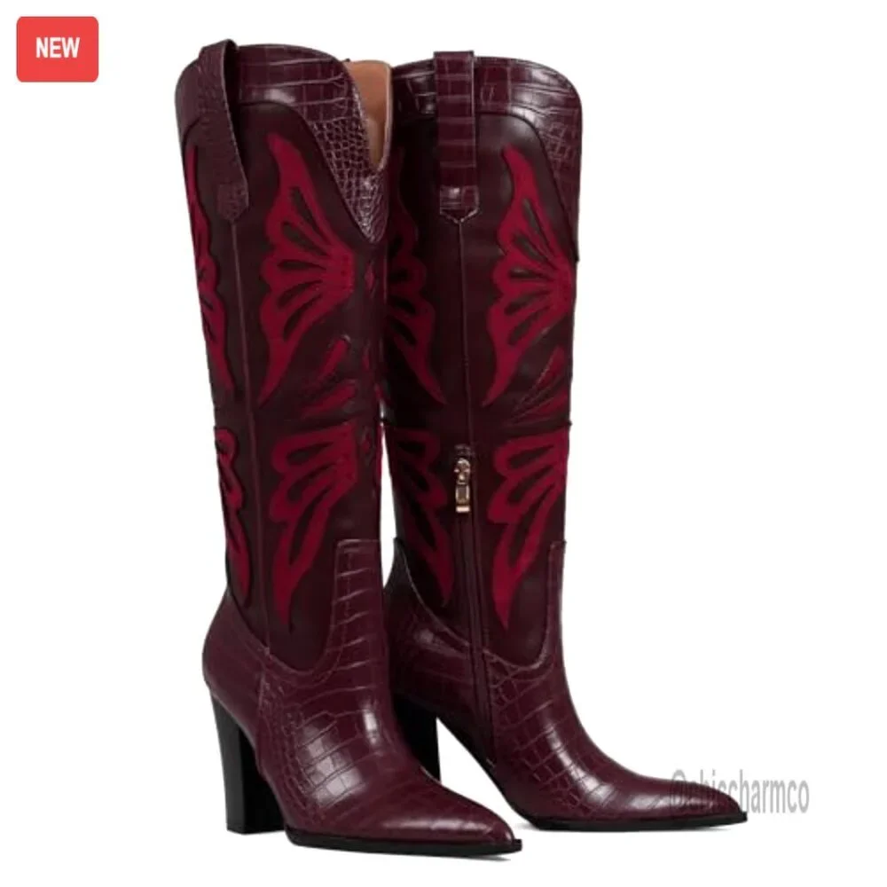Pointed Toe Knee High Cowboy Boots with Chunky Heel and Butterfly Embroidery - Picture 4 of 7